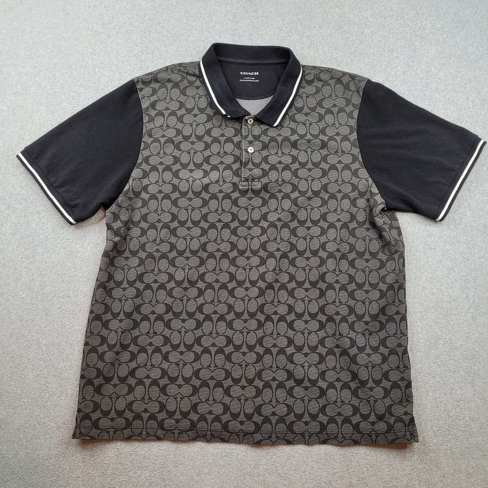 Coach Polo Shirt Mens XXL Black Gray Signature Monogram Logo Cotton C0816